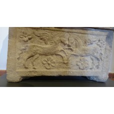 Alabaster cinerary urn, cross and two winged horses
